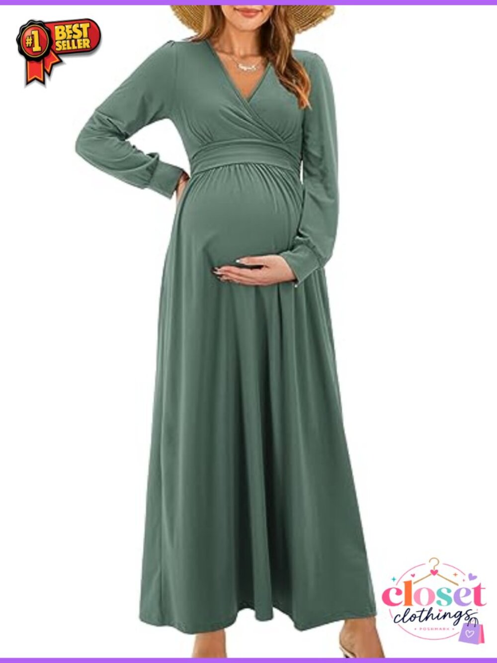 Women's Wrap Maternity Nursing Maxi Dress Long Sleeve V Neck